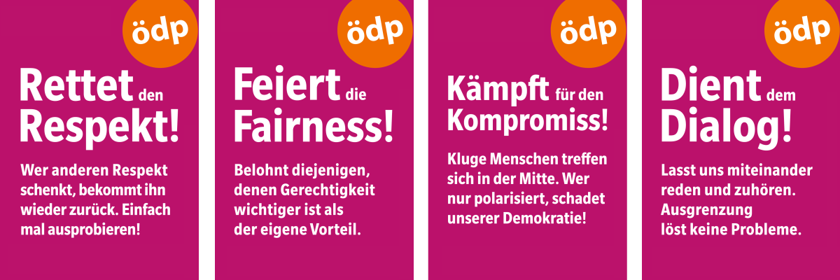 Plakatmotive zu den Themen Respekt, Fairness, Kompromiss und Dialog
